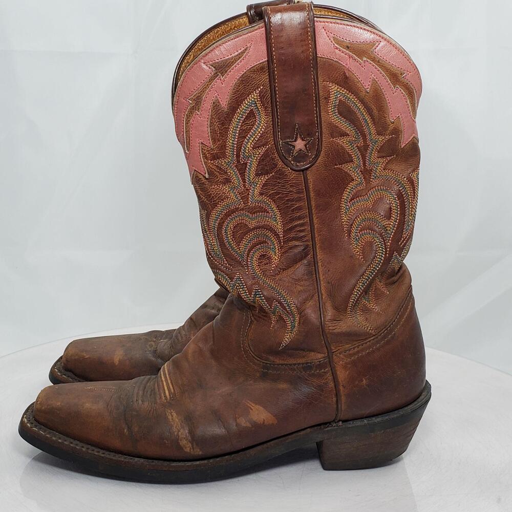 Damaged Tony Lama 1088L Western Boots Women 7 B Brown Pink Leather Square Toe